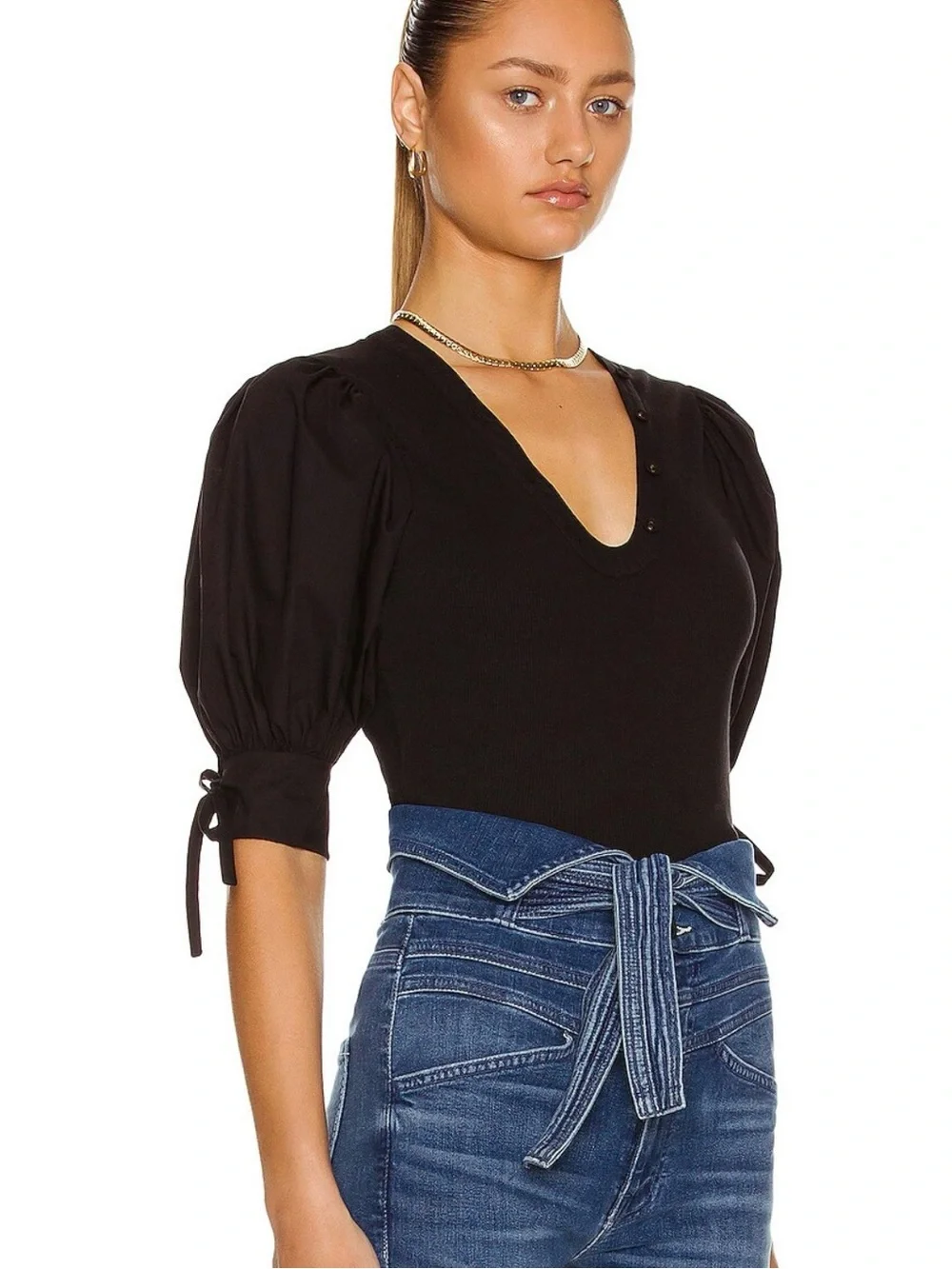 ULLA JOHNSON Puff Sleeve Ribbed Blouse Black XL (Fits more like a Large)